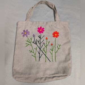 Floral Embroidered Tweed Tote Bag w/ Pink, Purple & Orange Flowers + Zip Closure